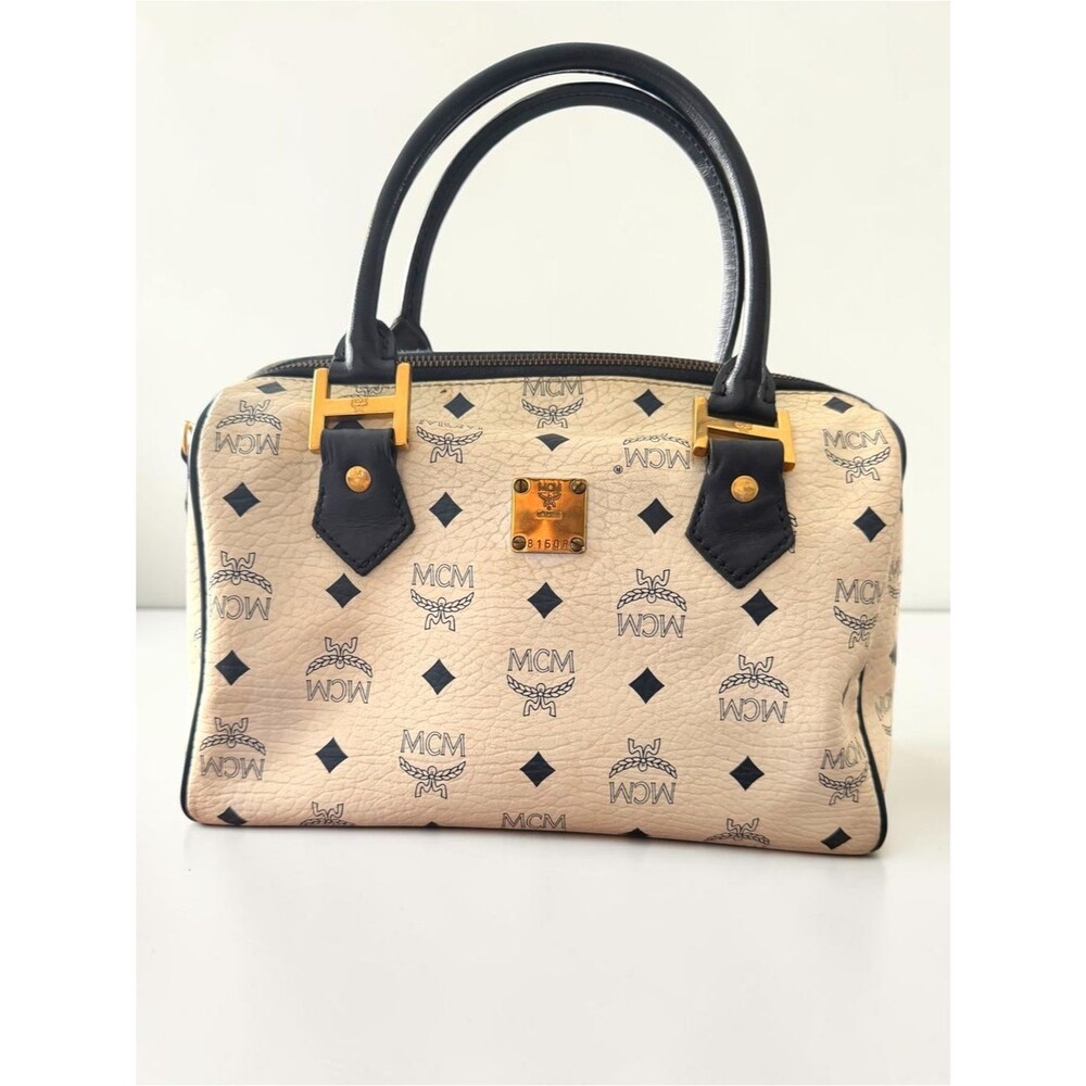 MCM Vintage Visetos Boston Satchel Ivory Black Monogram Top Handle Bag